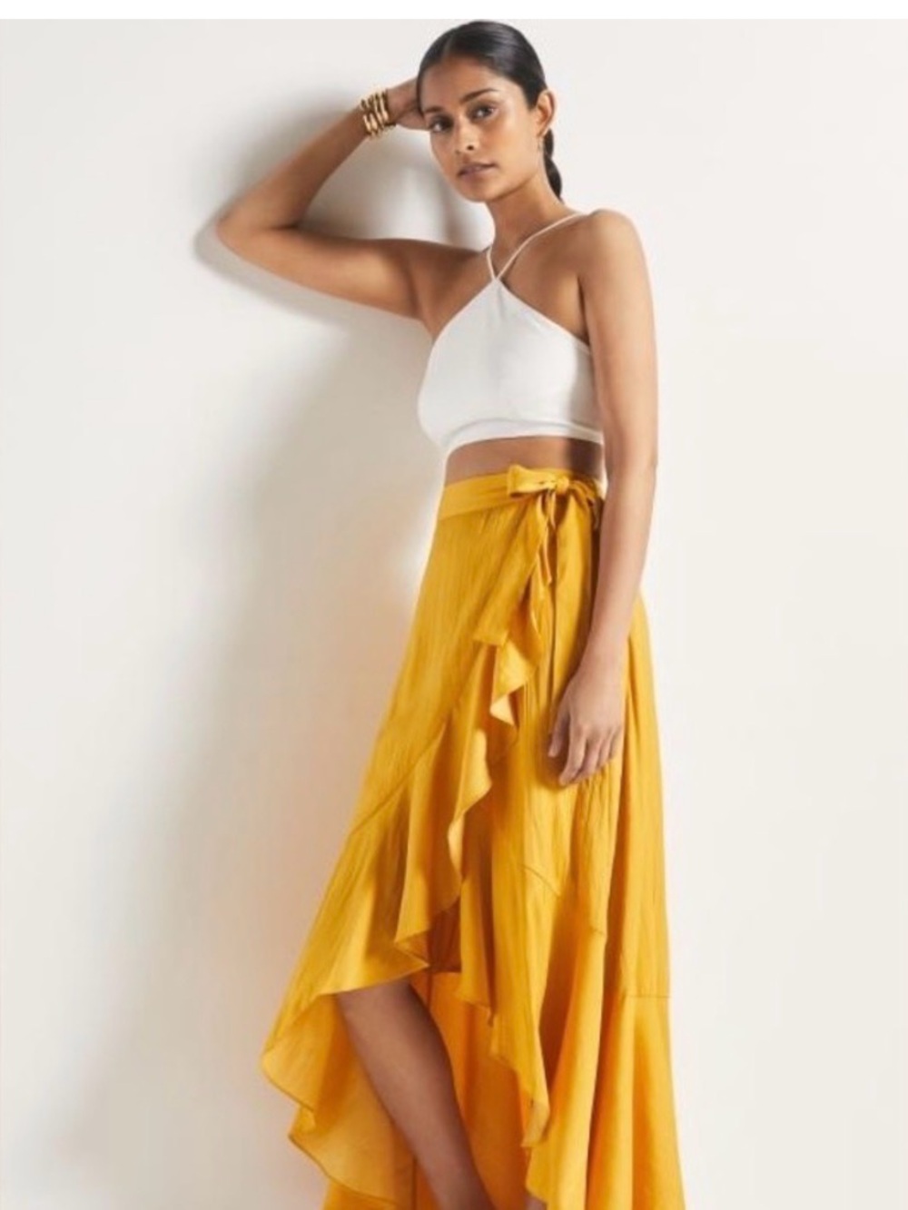 Anthropologie Maeve Ruffle Wrap Skirt in Mango Yellow